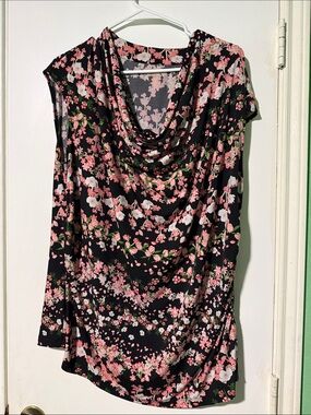 Worthington Black Floral Draped Neck Sleeveless Blouse